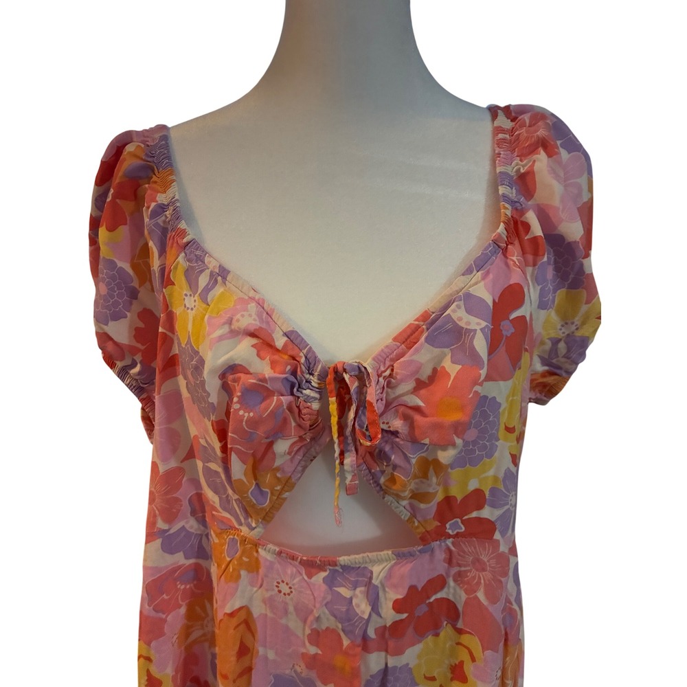 SO Floral Cutout Front Mini Dress XXL Pink Orange Retro Boho Puff Sleeve